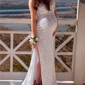 Rachel Allan Purple Sequin Gown with V-Neck and Slit